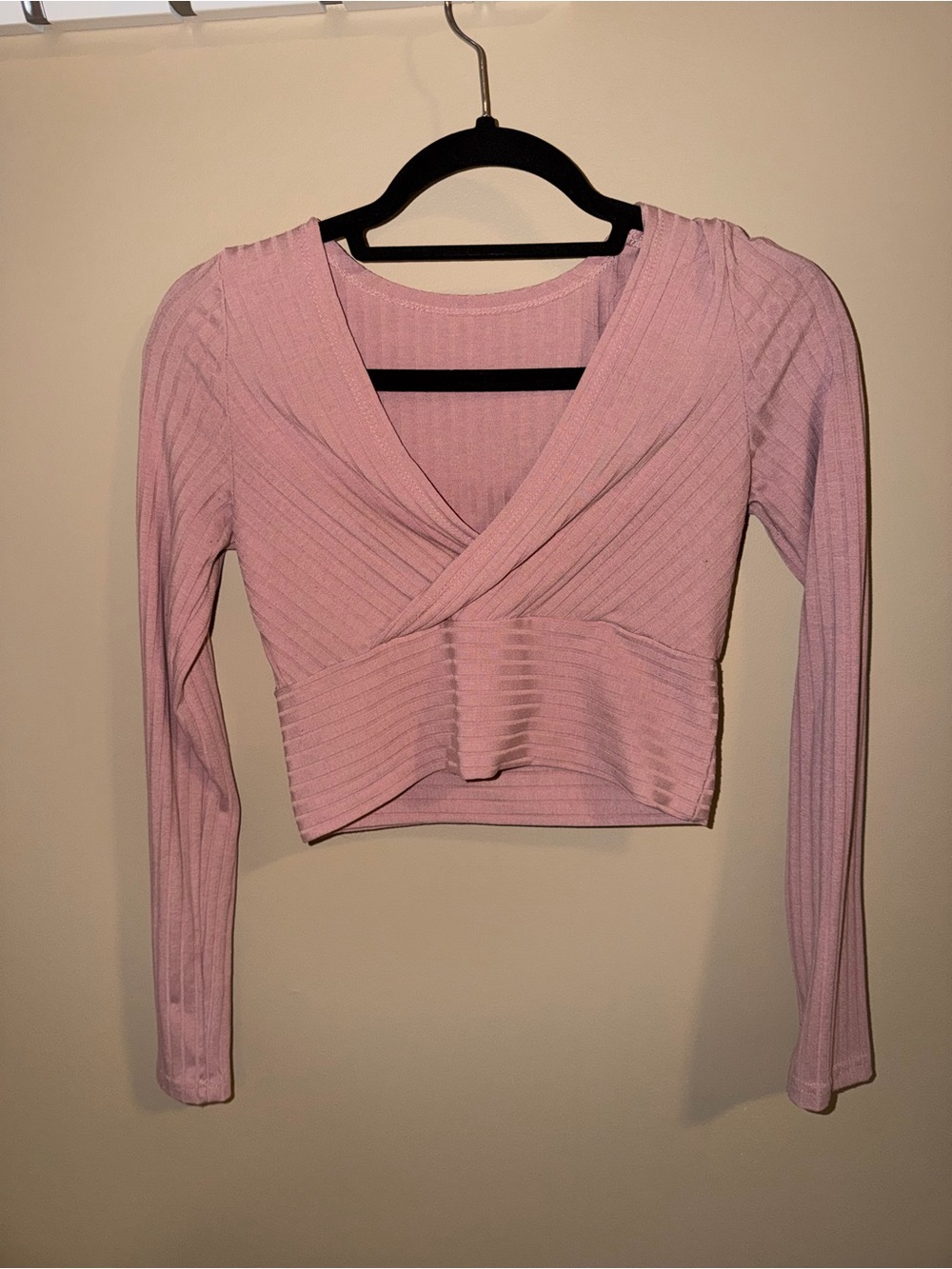 SHEIN Light Pink Ribbed Wrap-Front Long Sleeve Crop Top